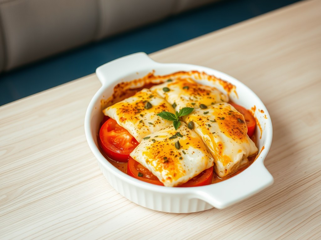 Gratin van pangasius vis en tomaten, AI-gegenereerde illustratie