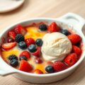 Gratin van verse bessen, vanilleijs en sabayonsaus