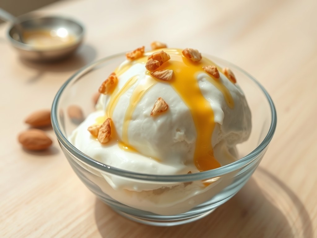 Grieks yoghurtijs met honing en geroosterde amande, AI-gegenereerde illustratie