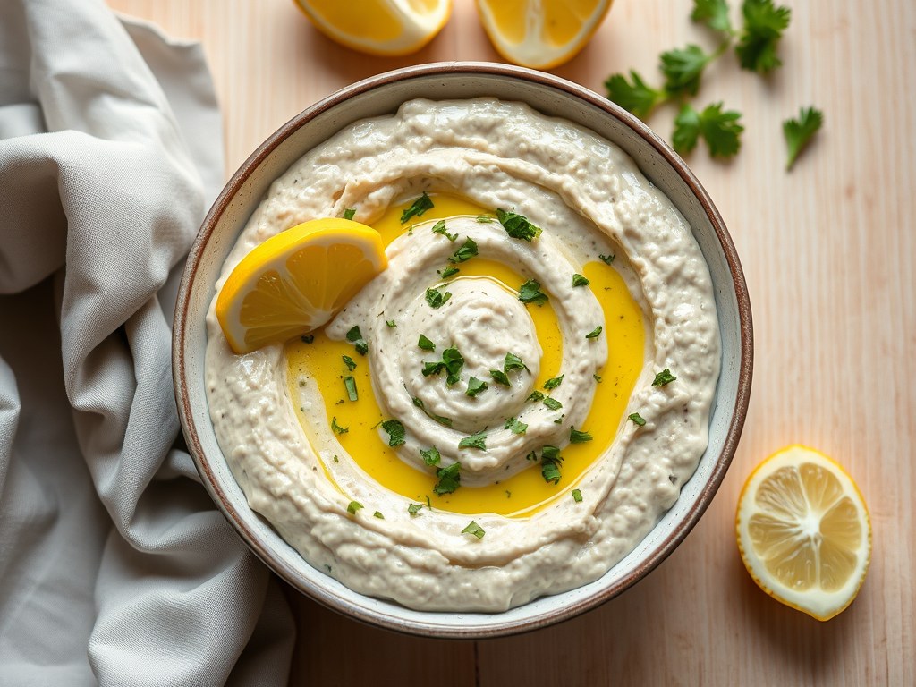 Griekse auberginesalade (Melizanosalata – mezedes), AI-gegenereerde illustratie