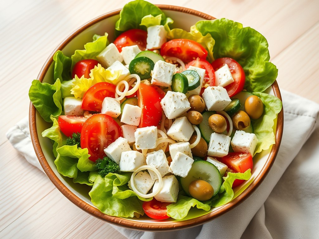 Griekse sla met feta, AI-gegenereerde illustratie