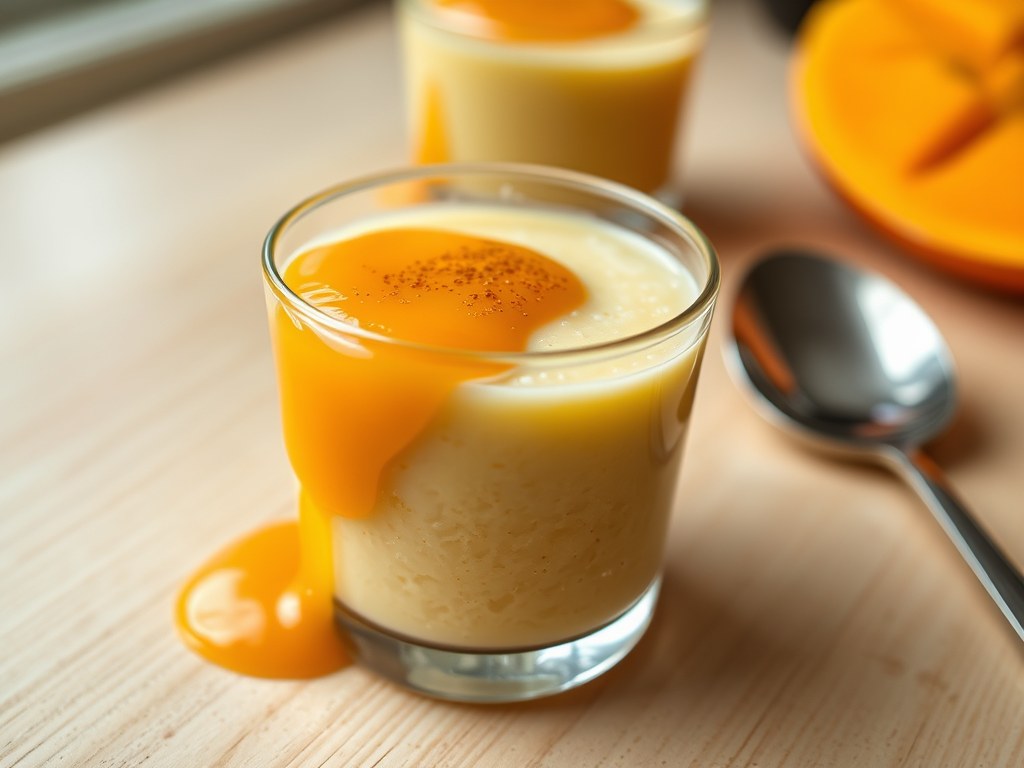 Griesmeelpudding met mangosaus, AI-gegenereerde illustratie