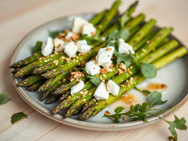Groene asperges met sesamzaad en geitenkaas en not