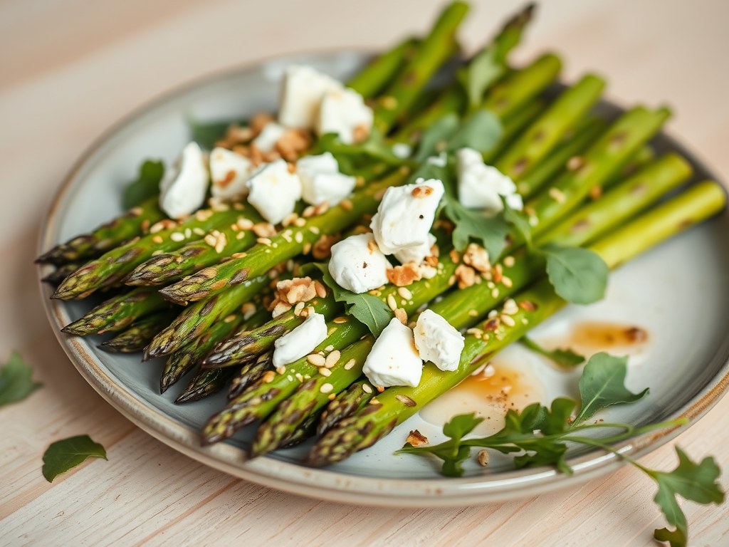 Groene asperges met sesamzaad en geitenkaas en not, AI-gegenereerde illustratie