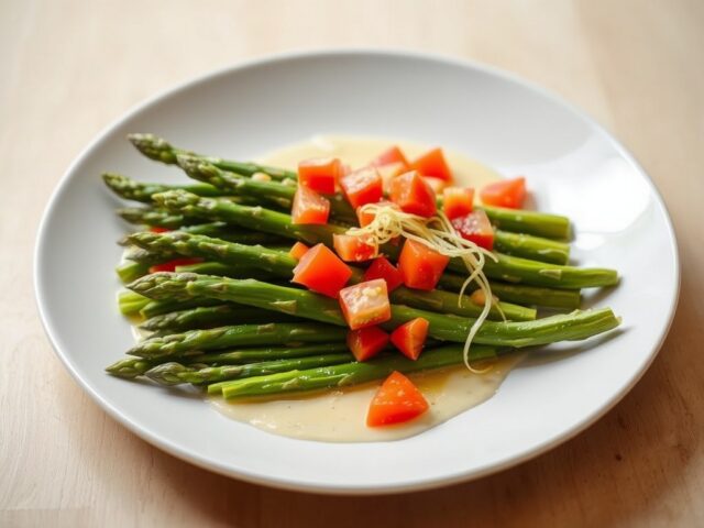 Groene asperges met tomaat en zeekraal