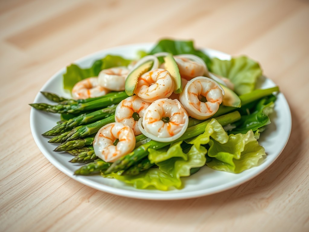 Groene aspergesalade met garnalen, AI-gegenereerde illustratie