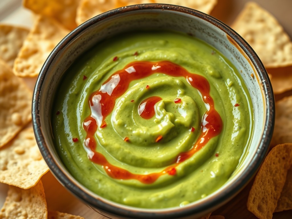 Groene dip van avocado, AI-gegenereerde illustratie