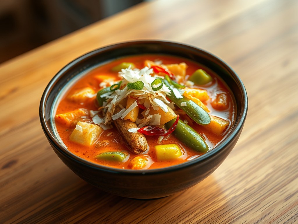 Groentecurry met geroosterde kokos, AI-gegenereerde illustratie