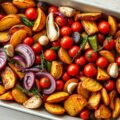 Groenten en rode aardappelpartjes uit de oven
