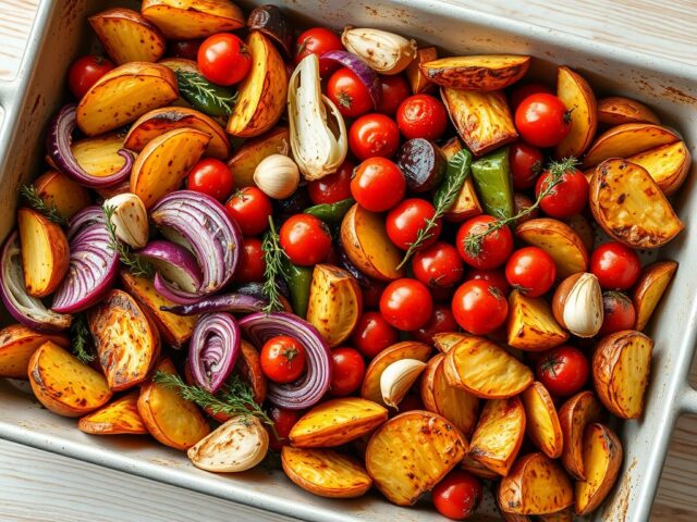 Groenten en rode aardappelpartjes uit de oven