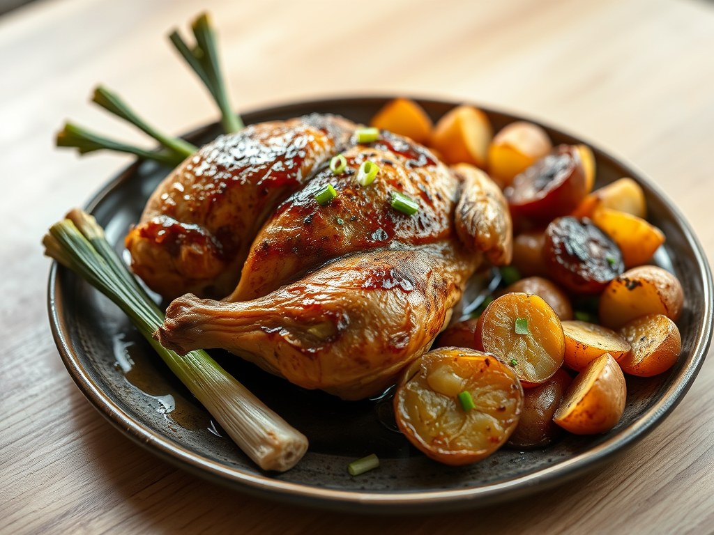 Haantje met geroosterde prei en uitjes, AI-gegenereerde illustratie