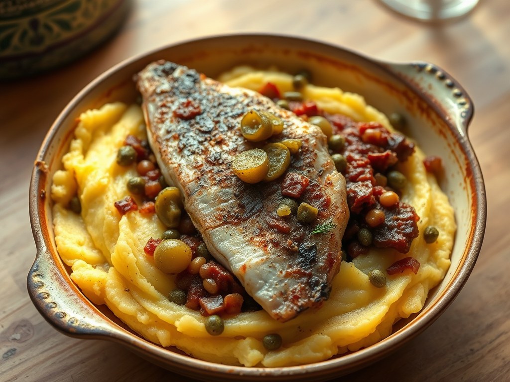 Hachis Parmentier met rog en roglever, AI-gegenereerde illustratie