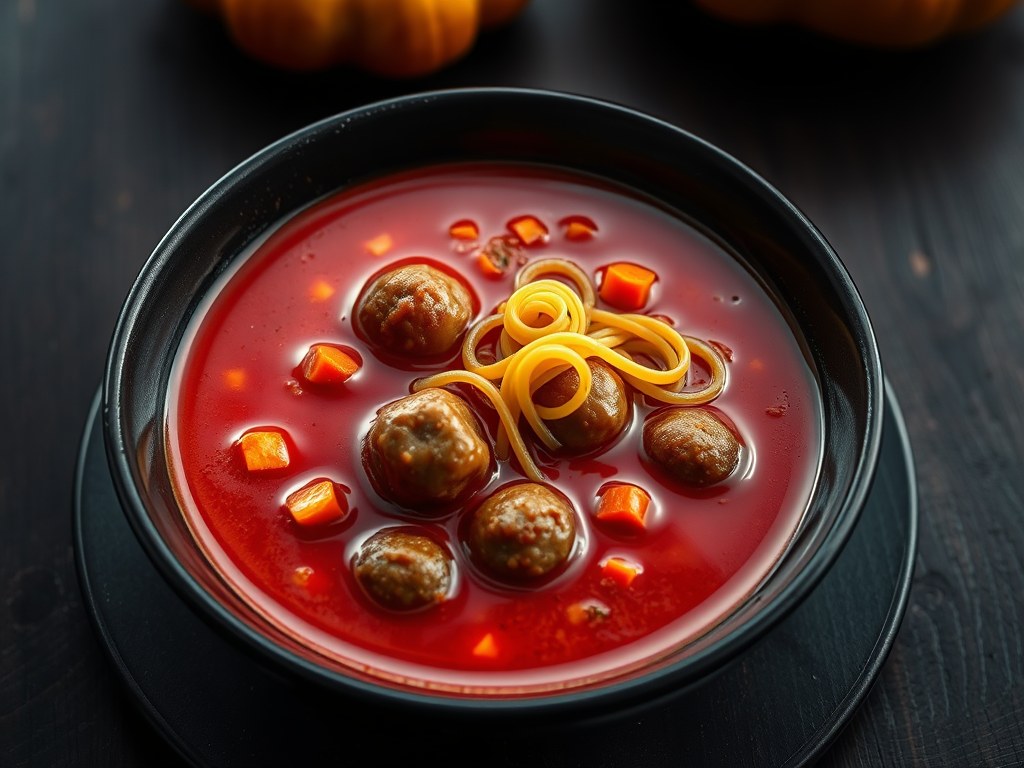 Halloweenbloedsoep met beestjes, AI-gegenereerde illustratie