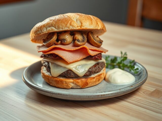 Hamburgers met kaas,ham en champignons