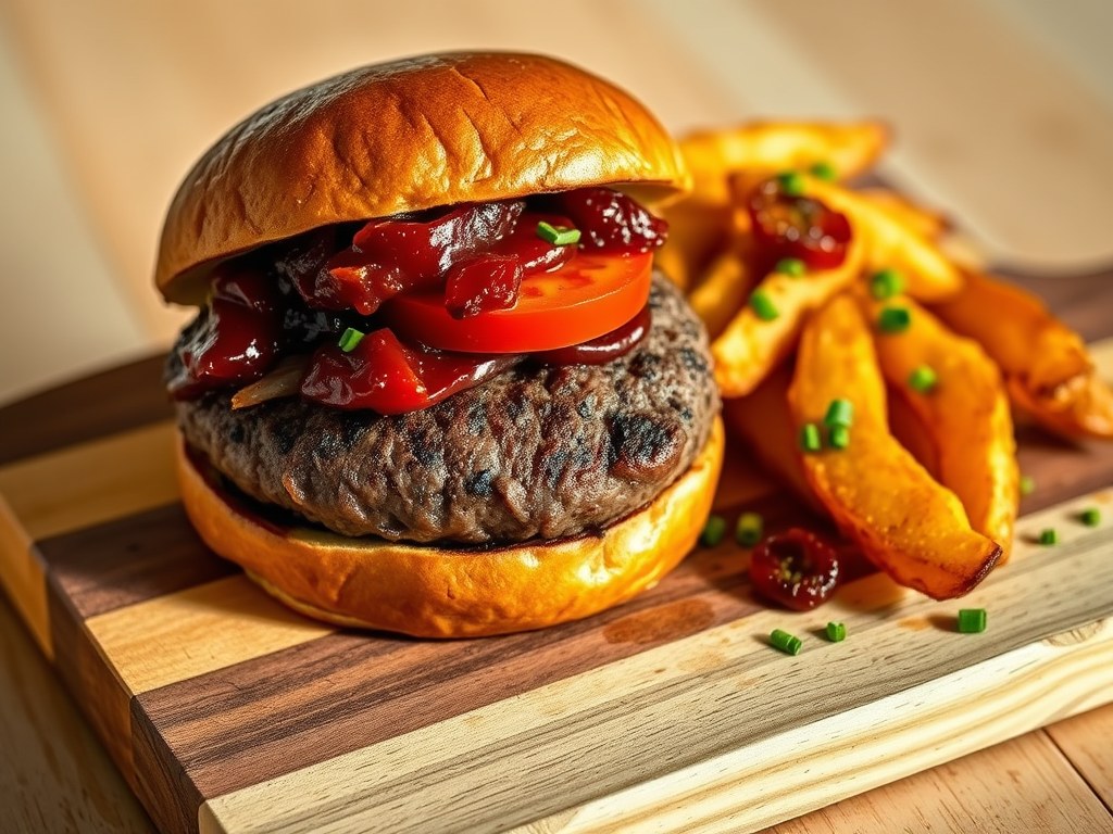 Hamburgers met rode uiencompote, AI-gegenereerde illustratie
