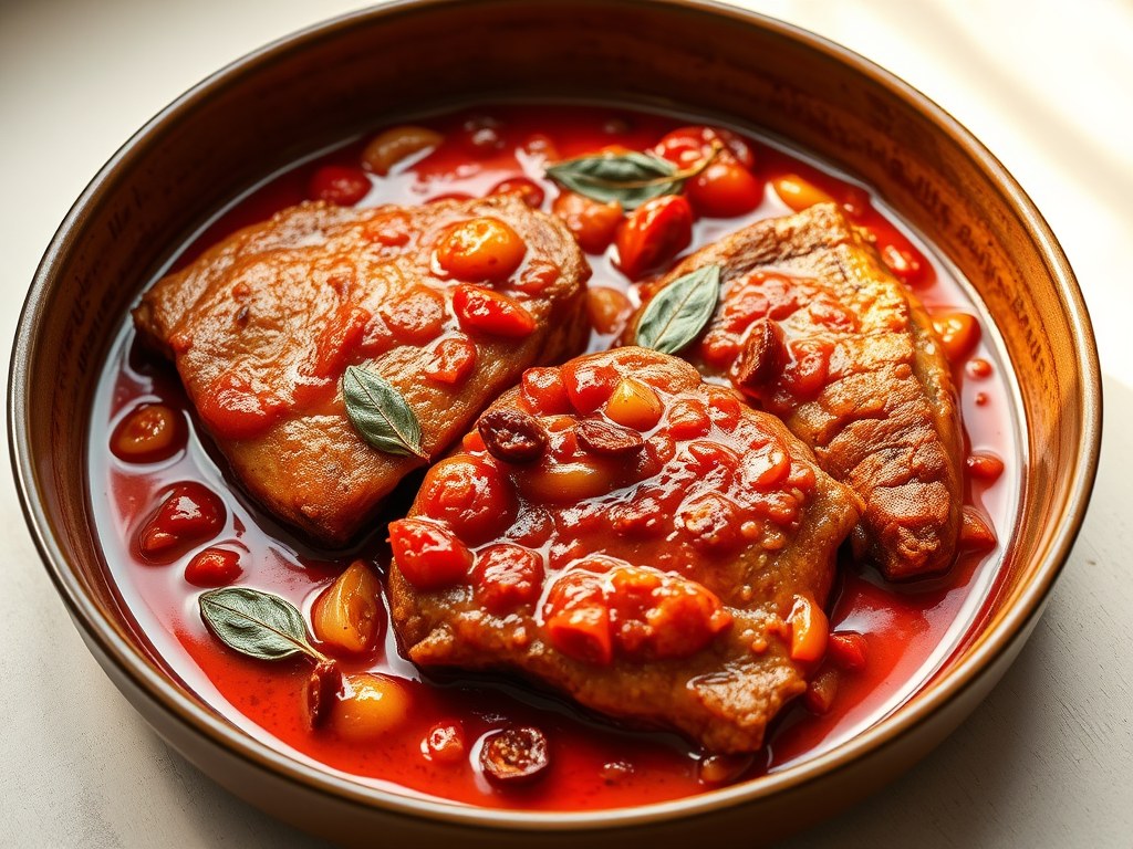 Hamlappen in tomatensaus, AI-gegenereerde illustratie