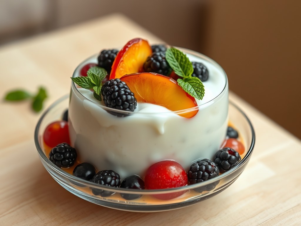 Hangop met warm fruit, AI-gegenereerde illustratie