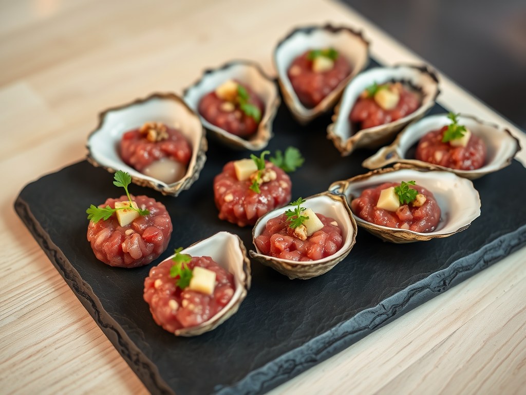 Hapje rundstartaar met oesters, AI-gegenereerde illustratie