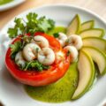 Hapje tomaat met grijze garnalen en groene coulis