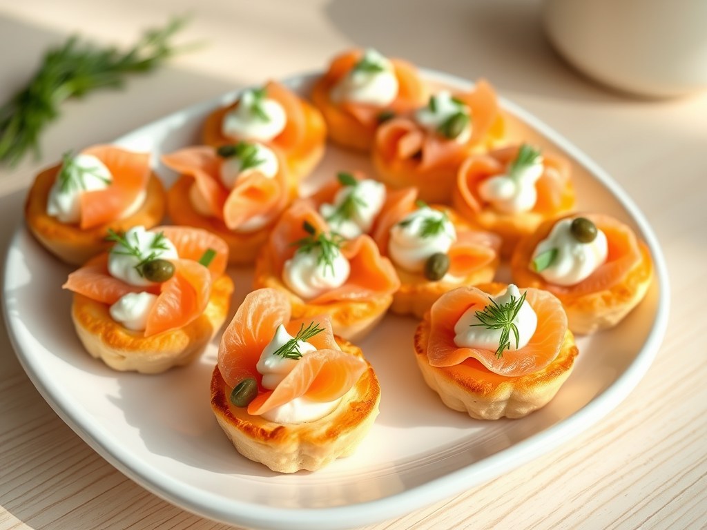 Hapjes met gerookte zalm en kappertjes, AI-gegenereerde illustratie
