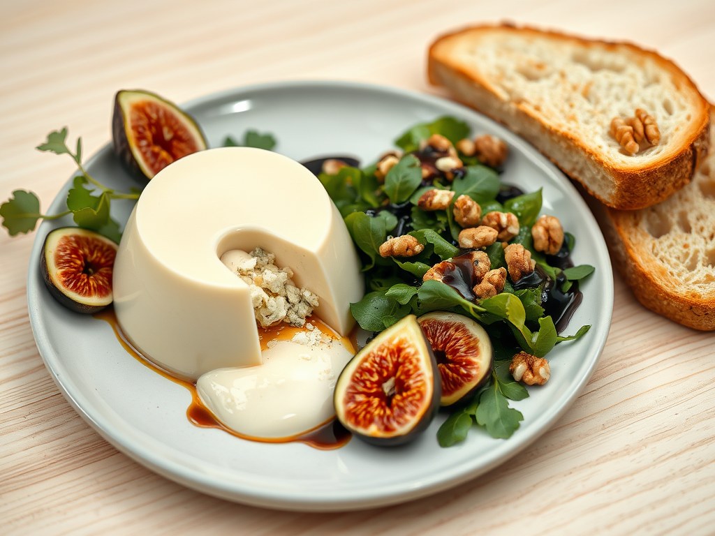 Hartige panna cotta met vijgensalade, AI-gegenereerde illustratie