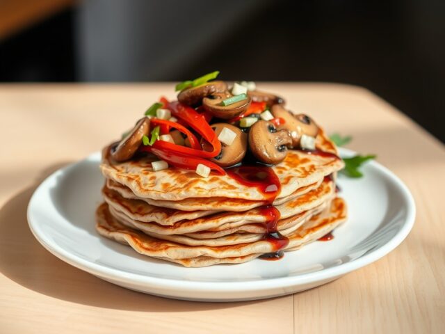 Hartige pannenkoeken met roerbakgroenten en chilidressing