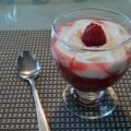 Nagerecht van yoghurt met rabarber, frambozen en verkruimelde bastognekoek