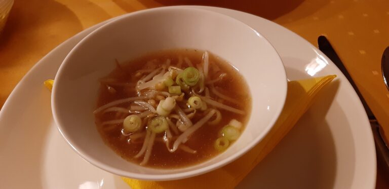 Lichte Koreaanse runderbouillon met taugé, lente-uitjes en rosbief