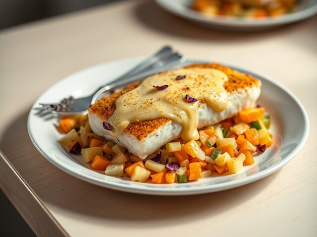 Heilbot met groente lavendel brunoise en (zieopm)