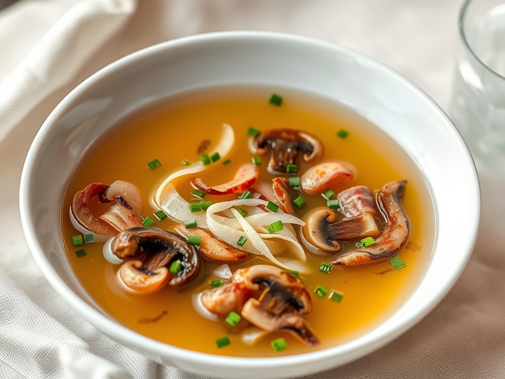 Heldere bouillon met cantharellen, AI-gegenereerde illustratie