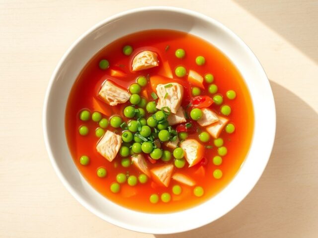 Heldere tomatenbouillon met doperwtjes en kalkoen