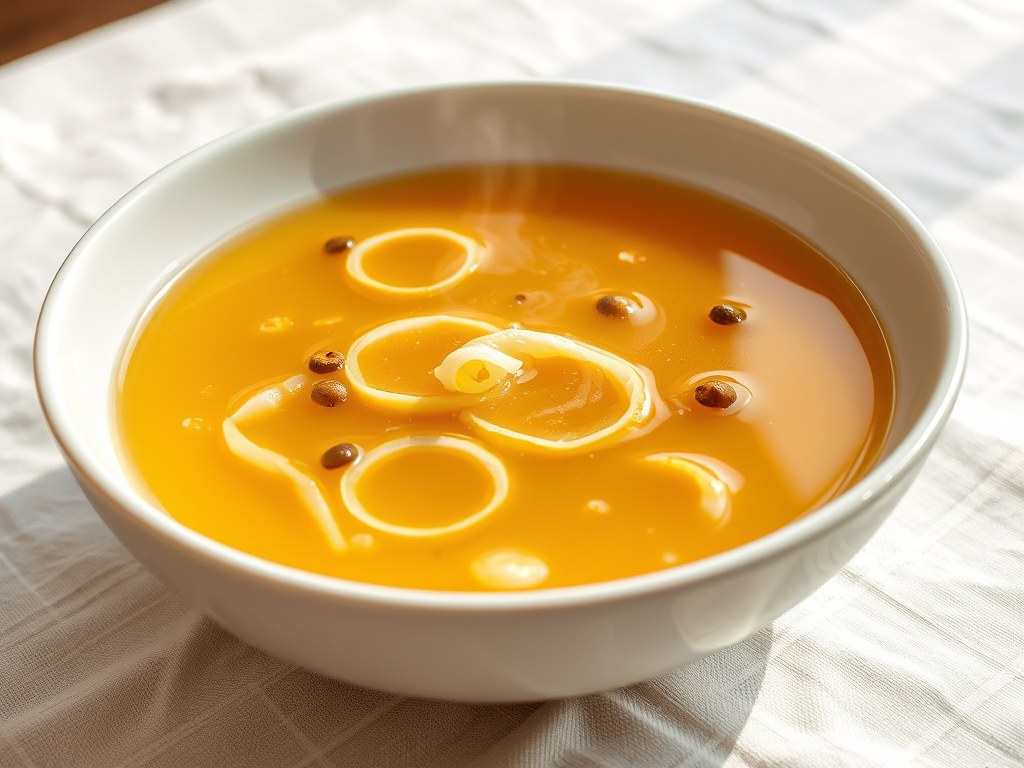 Heldere visbouillon met garnituur, AI-gegenereerde illustratie