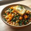Herfst orzo met geroosterde groente, spinazie en gebakken feta