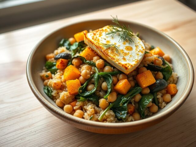 Herfst orzo met geroosterde groente, spinazie en gebakken feta
