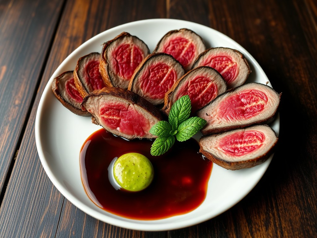 Hertenfilet met koffiesaus en muntsaus, AI-gegenereerde illustratie