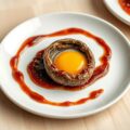 Hoedjes van shiitake met een kwarteleitje op tomatenjam