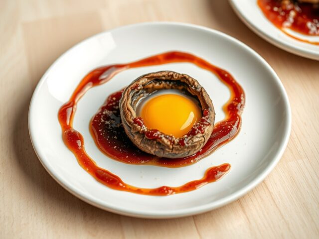 Hoedjes van shiitake met een kwarteleitje op tomatenjam