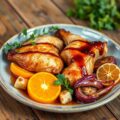 Hoevekalkoen met clementines en gekonfijte uien, knolselderblokjes