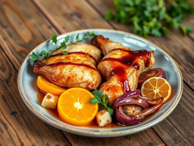 Hoevekalkoen met clementines en gekonfijte uien, knolselderblokjes