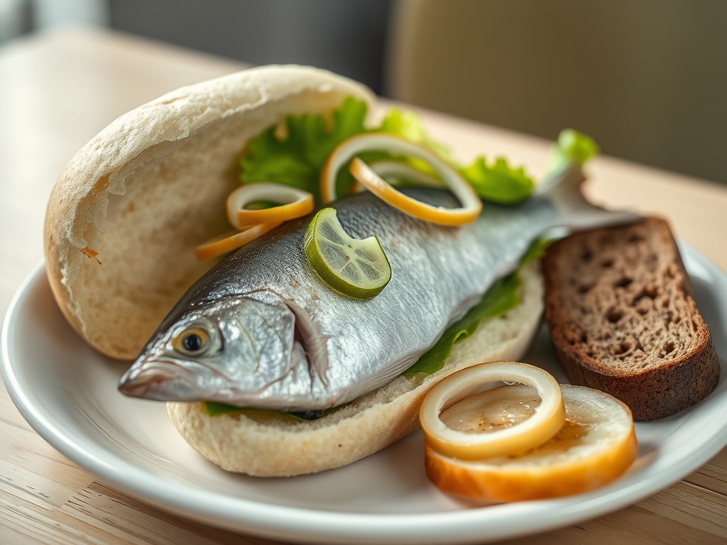 Hollandse nieuwe broodje met roggebrood, AI-gegenereerde illustratie