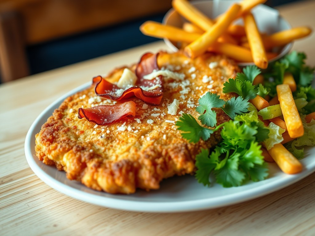 Holsteiner schnitzel met friet en sla, AI-gegenereerde illustratie