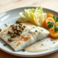Hondshaai met kappertjes, kropsla en kasteelaardappelen