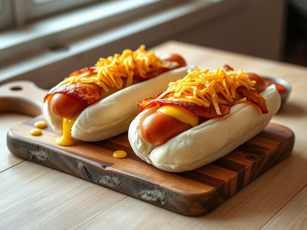 Hotdogs met kaas en bacon, AI-gegenereerde illustratie