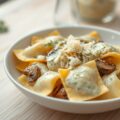 Huisgemaakte ravioli met vulling van boschampignons en dragoncrème
