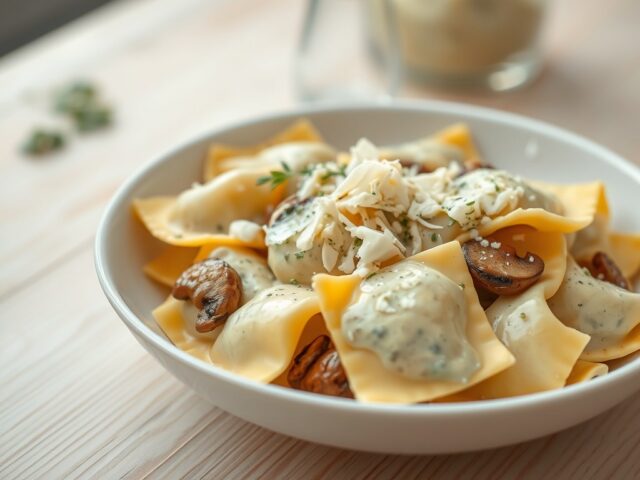 Huisgemaakte ravioli met vulling van boschampignons en dragoncrème