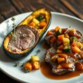 Iberico-filet pur, courgette gevuld met groenten, en tijmsaus