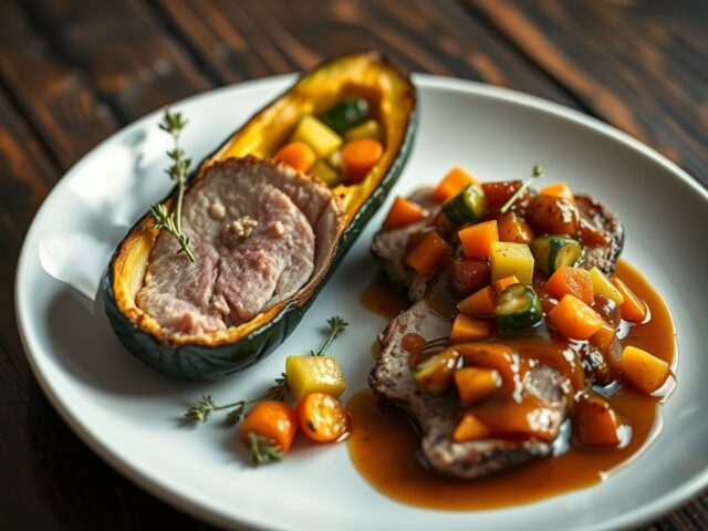 Iberico-filet pur, courgette gevuld met groenten, en tijmsaus