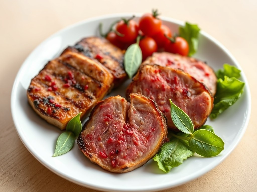 Iberico varkensmedaillon en gemarineerde kerstomaten met Piment d’Espelette en laurier, AI-gegenereerde illustratie
