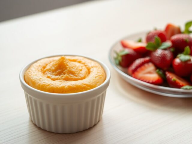 Ijssoufflé van abrikozen met salade van aardbeien