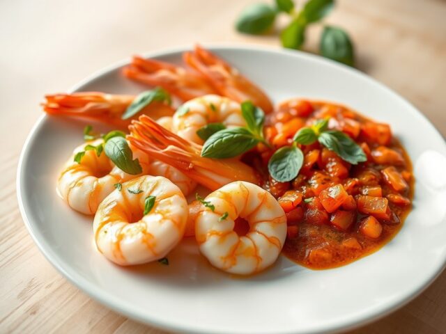 In Gember Gemarineerde Garnalen met een Pikante Tomatensaus